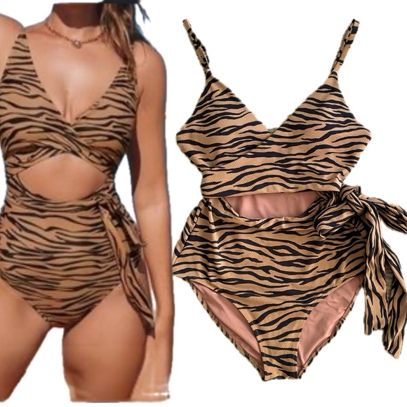 aerie Other - Aerie Tiger Striped One Piece Swimsuit Size M Animal Print High Waist Side Tie